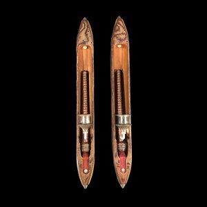 2ct VTG Candleholders Bullet Boat Shuttle Spool Wood Loom Weaving Cotton Mills